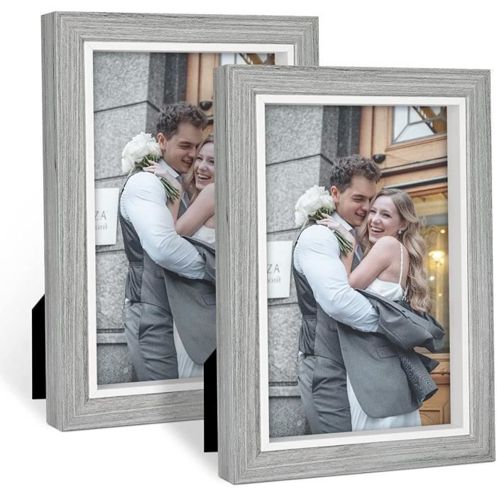 Lot de 2 cadres photo en bois 20 x 25 cm Gris et blanc Avec