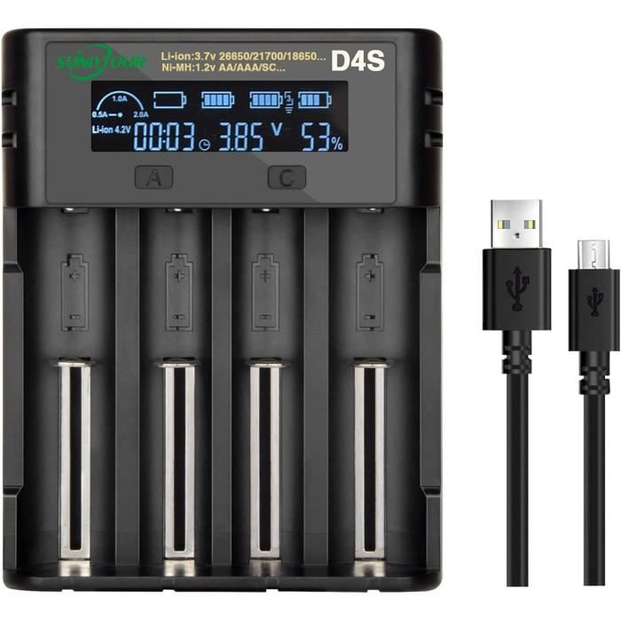 Chargeur LCD 4 Slots USB Pour Piles AA/AAA NiMH/NiCd - Indicateur De Statut - Marque POWXS
