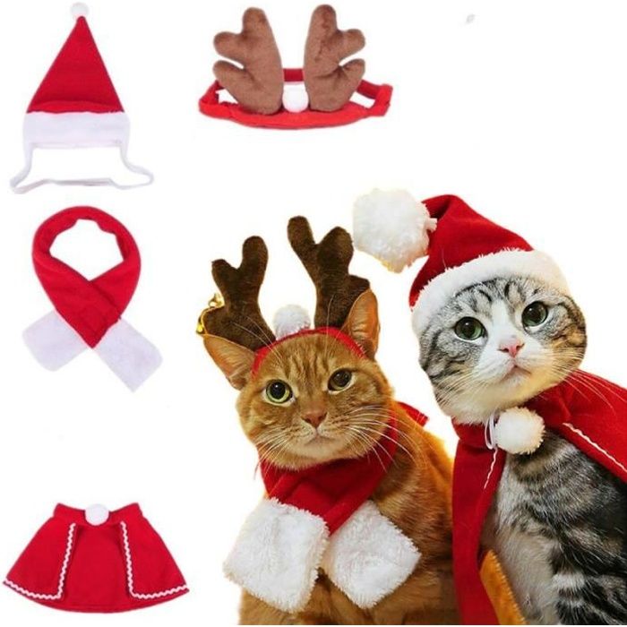 Costume Noël Chien MELLIEX - Lot De 3 Pièces - Chapeau Père Noël & Écharpe & Nœud Papillon - Déguisement Fêtes