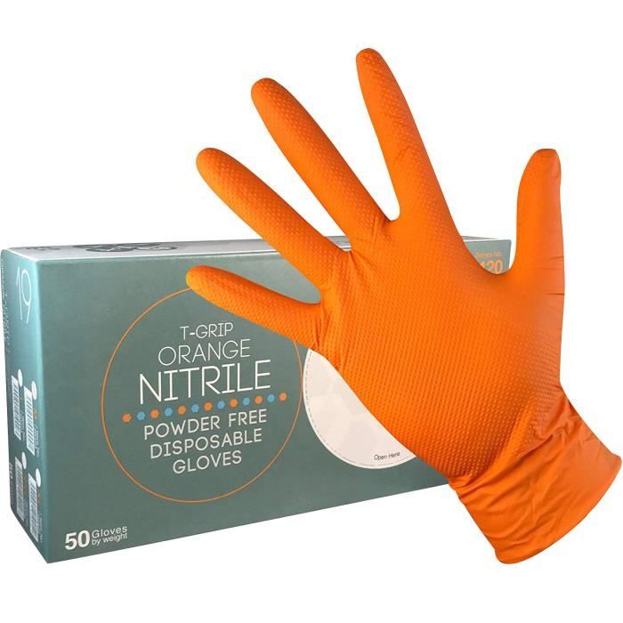 Gants en NITRILES Jetables Non Poudrés Orange Texturé Diamant 8