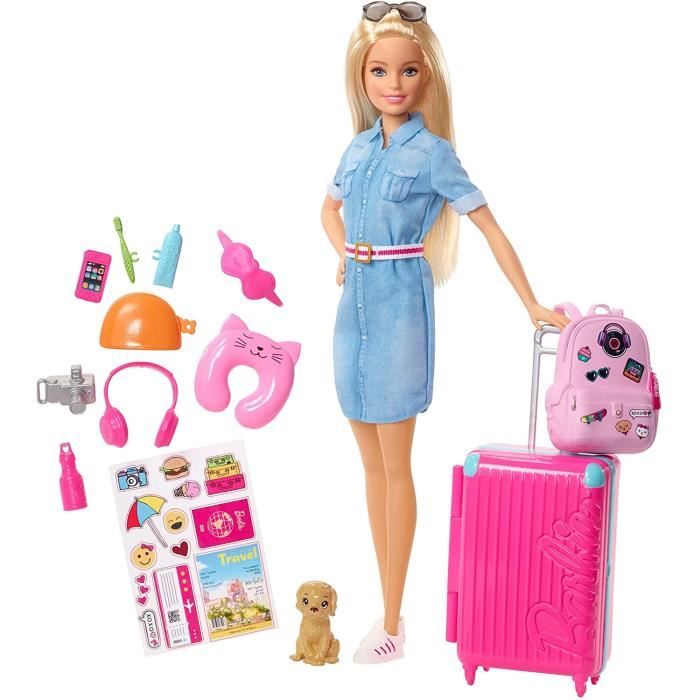 poupée barbie voyage blonde avec valise et sac à dos - accessoires et figurine de chien - jouet pour enfant