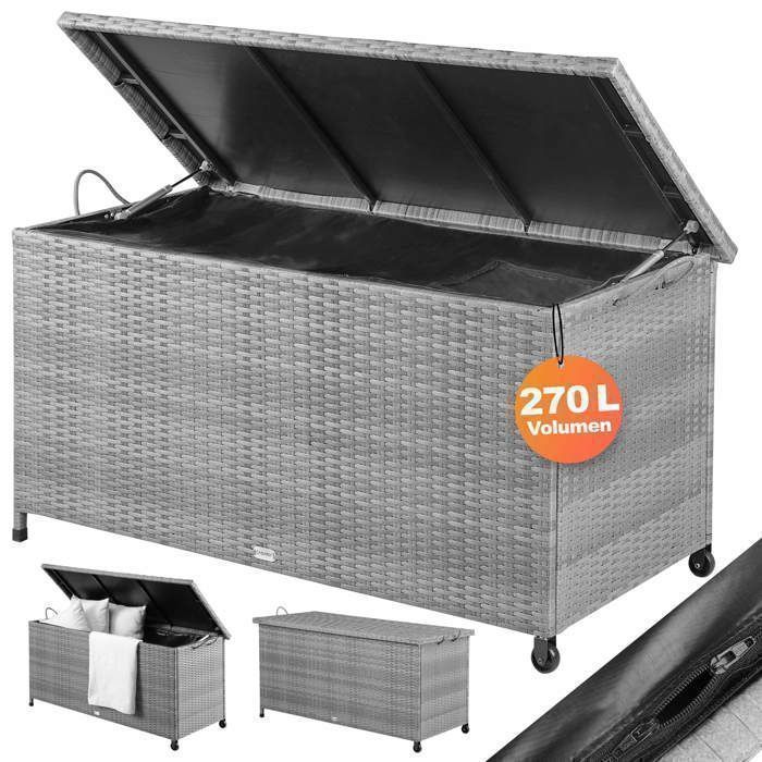 Coffre de jardin CASARIA® extérieur XXL Gris - Malle de rangement avec roulettes 270 L étanche Vérin à gaz 117x53x60cm
