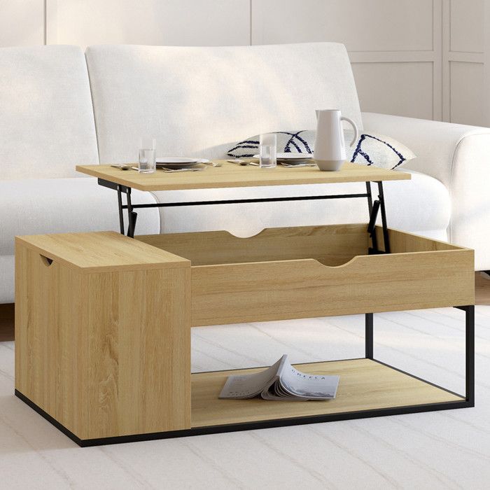 IDMARKET Table basse plateau relevable rectangulaire DETROIT avec coffre design industriel IDMARKET Table basse plateau relevable rectangulaire DETROIT avec coffre design industriel