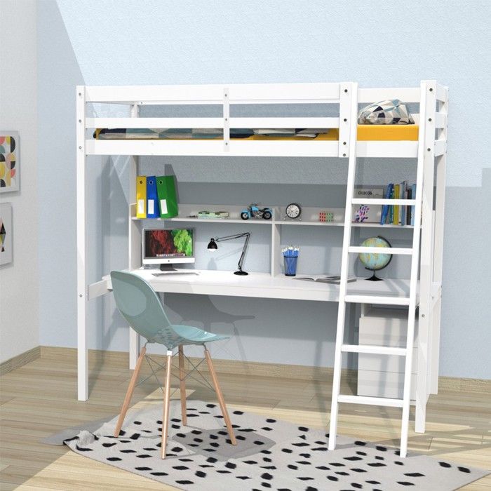 Lit mezzanine STUDIO 90x190 + 1 sommier + caisson 3 tiroirs + bureau + étagère / Blanc Lit mezzanine STUDIO 90x190 + 1 sommier + caisson 3 tiroirs + bureau + étagère / Blanc