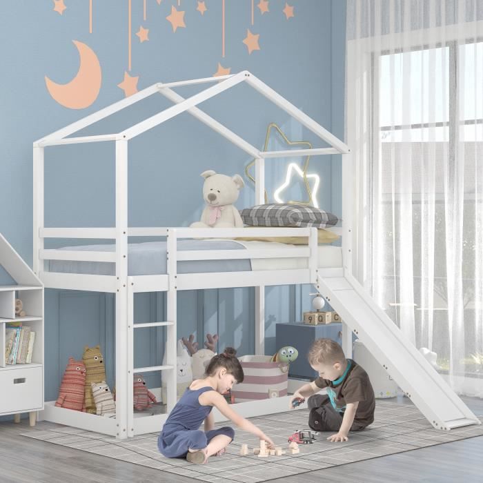 Lit Superposé Merax 90x200 Cm - Avec Étagère Et Échelle - Blanc - Pour Enfants - Gain De Place