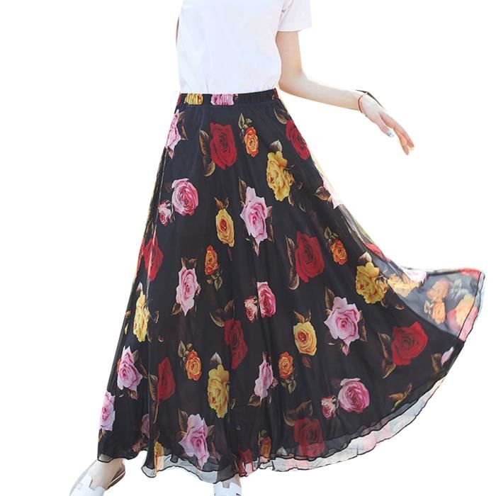 Femme Jupe Coloree en Mousseline de soie Trapeze Plissee Jupe Longue Maxi Swing Taille elastique Plage evasee une ligne Heirose Heirose Cdiscount Pret a Porter
