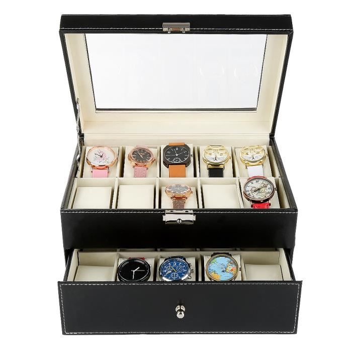 Boîte à Montres 4 Compartiments Avec Serrure à Code - Cuir Synthétique, Velours, Compatible AirTag - Idéal Voyage