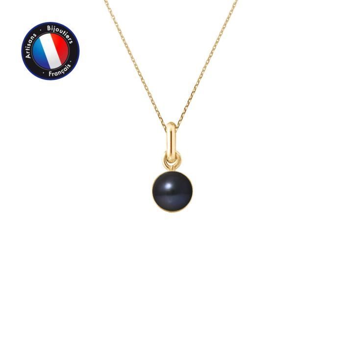 Pendentif - PERLINEA - Véritable Perle de Culture Noire 6-7 mm - Or Jaune - Chaîne 42 cm