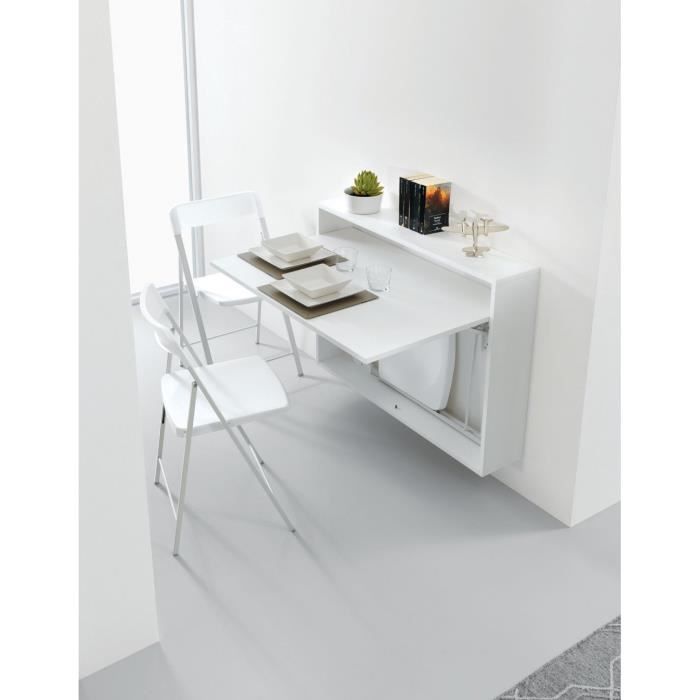 bureau/table extensible mural blanc opaque avec 3 chaises intégrées blanche blanc verre inside75