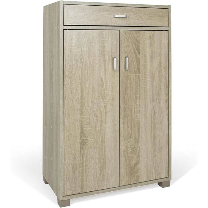 Meuble à Chaussures/rangement - H87cm X L90cm X P27cm Chêne Portes Lattes - Sunne