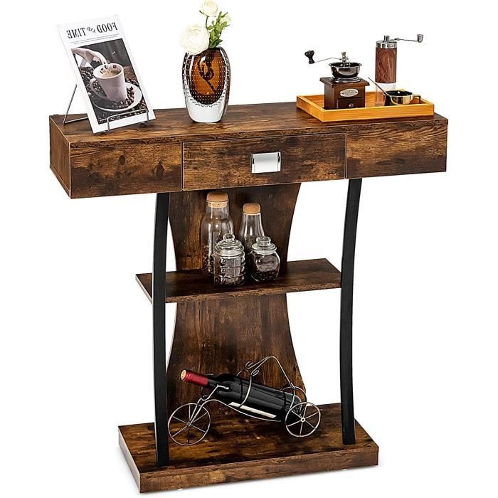 Table Console 3 Niveaux Avec Prises USB Et Tiroirs - 81x30x81 Cm, Rangement Spacieux, Gris Chêne - 4