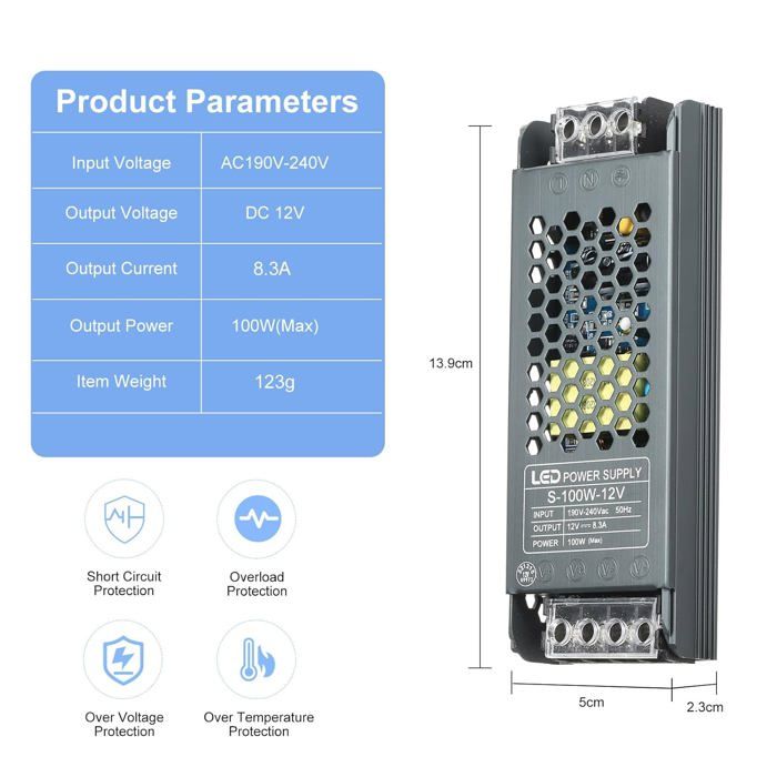 Convertisseur 12v 220v Transformateur 220V 12V LED 10W Transformateur AC100-265V à DC12V Alimentation 12v 5a