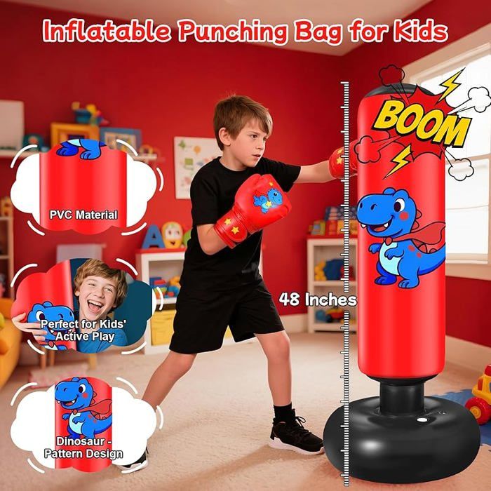 Sac De Frappe Gonflable Oziral Pour Enfants 3-8 Ans – 120 Cm Avec Motif Dinosaure – Inclut Gants – Idéal Pour Boxe, Karaté Et Taekwondo