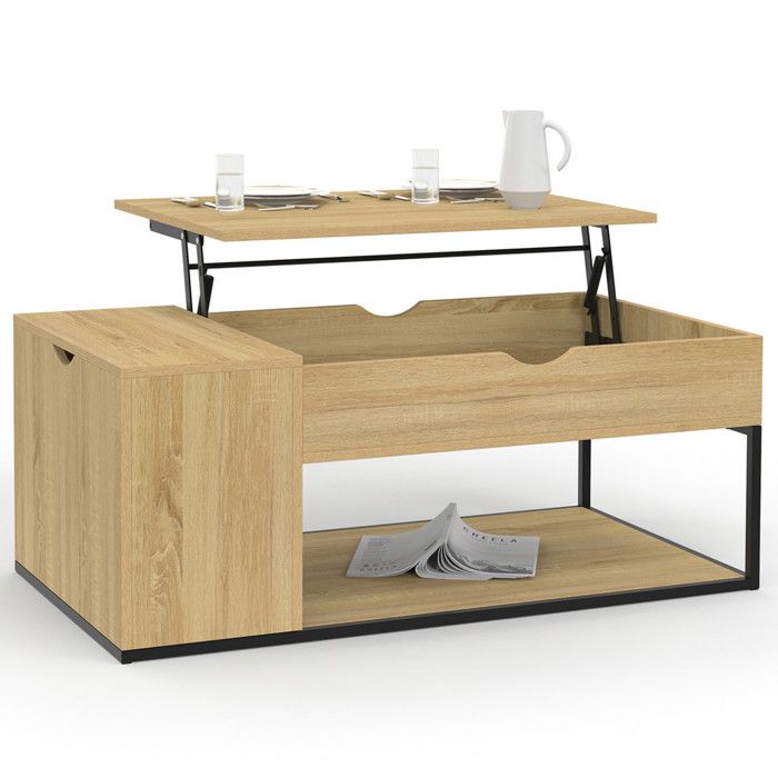Table Basse Relevable Detroit – Design Industriel Bois Et Métal, Plateau Extensible 2 En 1 Table à Manger Ou Bureau
