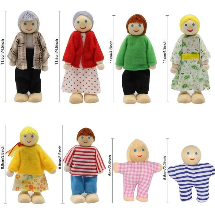 Maison de poupée en bois Personnes 8 Figures, Poupée Famille Set