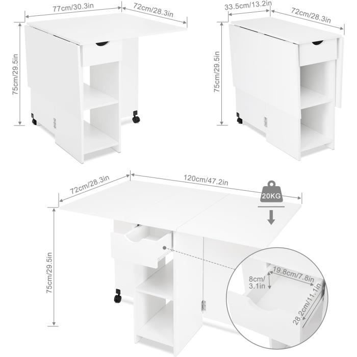 Table De Cuisine Pliante Et Extensible Avec Roulettes - Bureau, Table à Manger Et Rangement 3 En 1 - Blanc