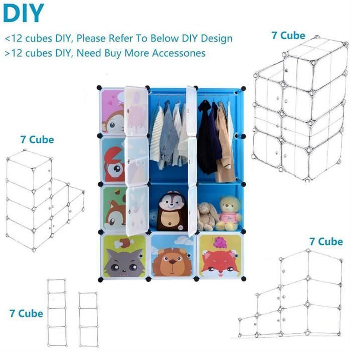 Armoire Enfant Modulable Rangement Penderie Placard Organisateur Plastique  Vêtements Enfan Enfants 12 Cubes Bleu