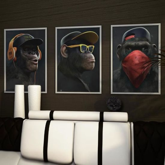 Tableau Toile 3 Singes Gorille - Décor Mural Moderne 70x105cm - Pour Salon, Chambre, Bureau