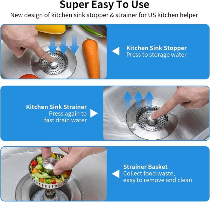 Bouchon D'évier 3 En 1 - Filtre Anti-odeurs + Rétention D'eau + Drainage Rapide - Acier Inox 304, Compatible 75-86 Mm