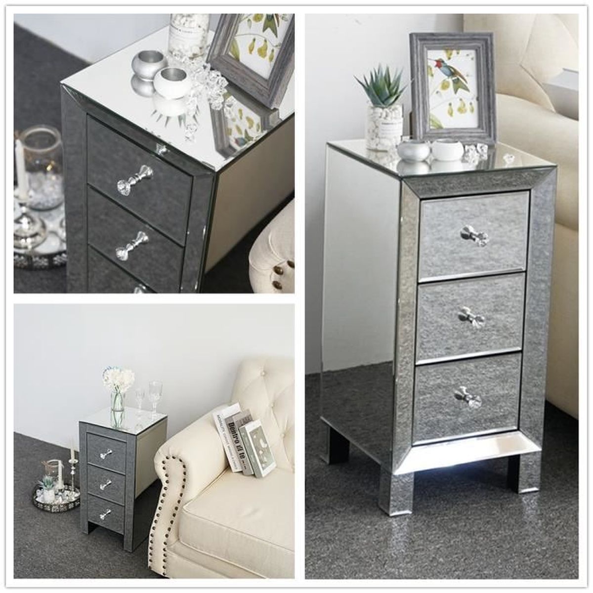 Table De Chevet En Verre Miroir Et Cristal Blanc - FCH - H60 L30 L30 - Neuf