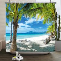 Rideau de douche en tissu polyester imperméable Mer ciel bleu plage cocotiers 180 x 200 cm avec crochets