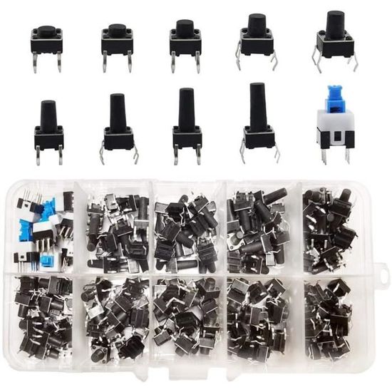 BOJACK Kit 200 Interrupteurs Bouton-Poussoir Tactiles 6x6 Mm - 10 Valeurs Assorties 4 Broches Momentanés