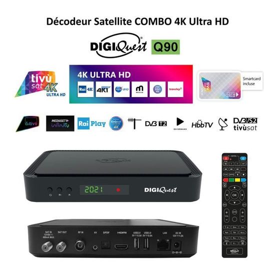 Pack Tivùsat Décodeur Satellite COMBO 4K Ultra HD - DIGIQUEST 4K HBBTV Q90   Carte Tivùsat ...