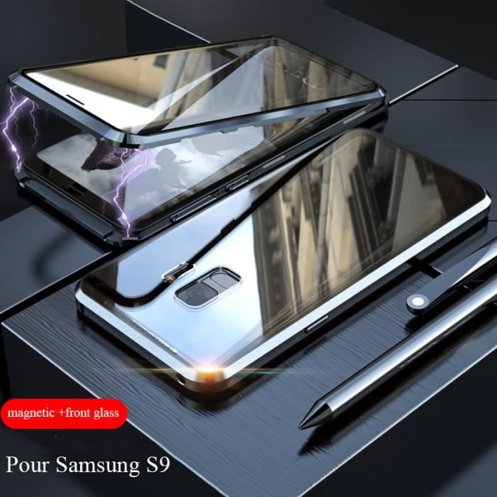 Magnétique Coque Pour Samsung S9 Bumper Noir Transparent Devant Dos En Verre Trempé Bumper