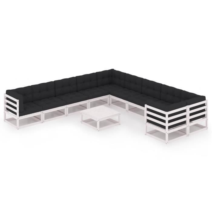Salon de jardin 11 pcs avec coussins Blanc Bois de pin massif - Qualité Parfaite - WXS - D0578