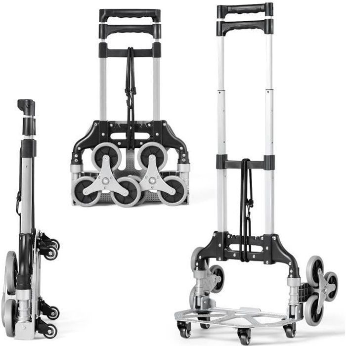 COSTWAY Diable Pliable en Aluminium avec 10 Roues, Chariot de Transport avec Poignée Réglable et Corde Fixe, Charge Max 80 kg