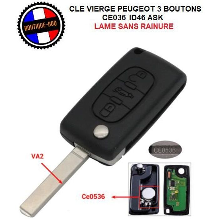 Clé Vierge Cle 3 Boutons Coffre 433 Mhz Lame VA2 Sans Rainure PEUGEOT CE0536 ASK 207 307 308 CC SW C4 Picasso Xsara Picasso