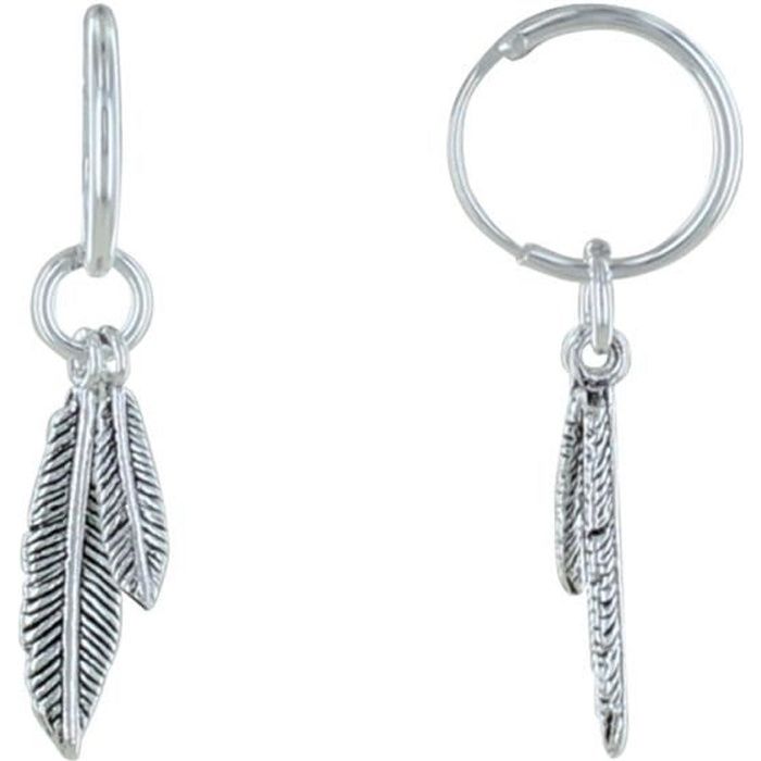 Les Poulettes Bijoux - Boucles d'Oreilles Mini Créoles Argent et Deux Plumes