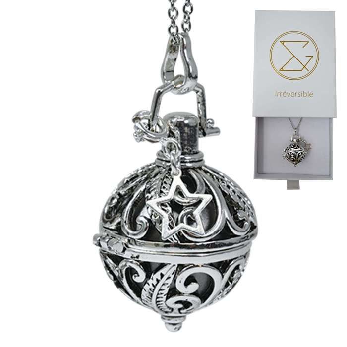 Bola de grossesse cage argent avec chaîne - ELÉNA (Etoile/bille grise) - plaquée argent véritable - coffret cadeau femme enceinte