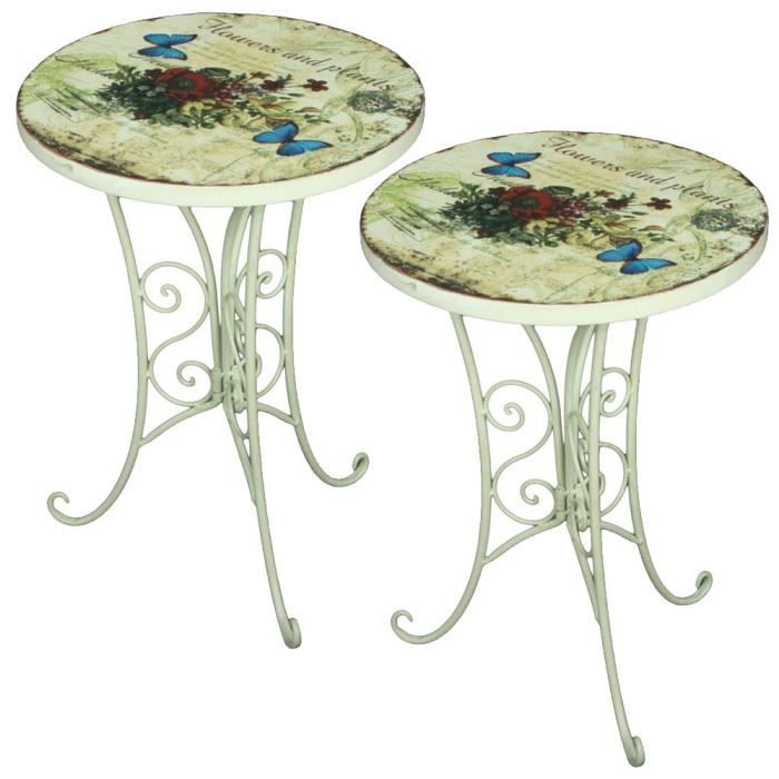 2x table bistrot, design fleur, papillon, blanc antique, D 38 cm