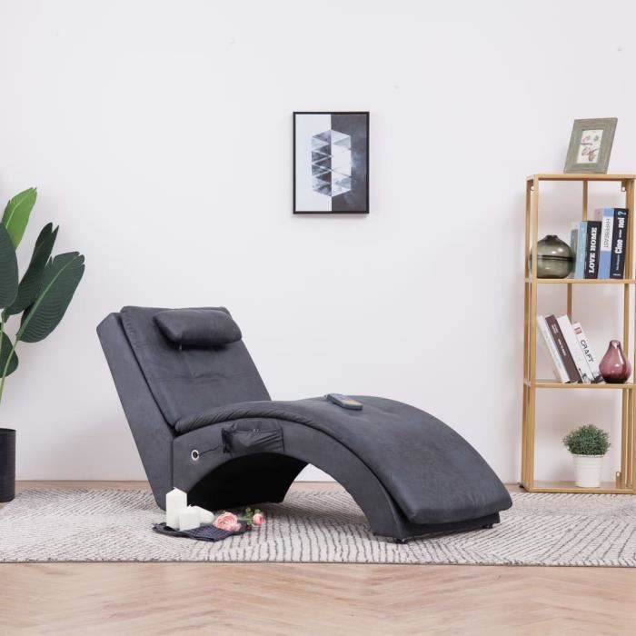 Fauteuil de massage Relax Massant Chaise longue de massage Relaxation avec oreiller Gris Similicuir daim