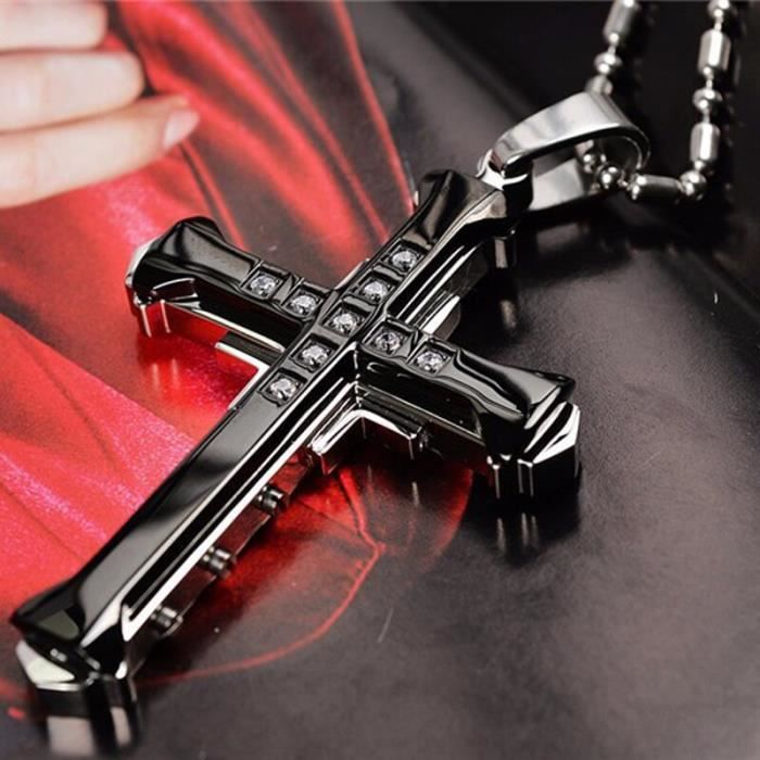 Collier avec pendentif croix en cristal pour homme, jésus, couleur or-noir-bleu, en zircone, en acier inoxydable, Black -THJR1403