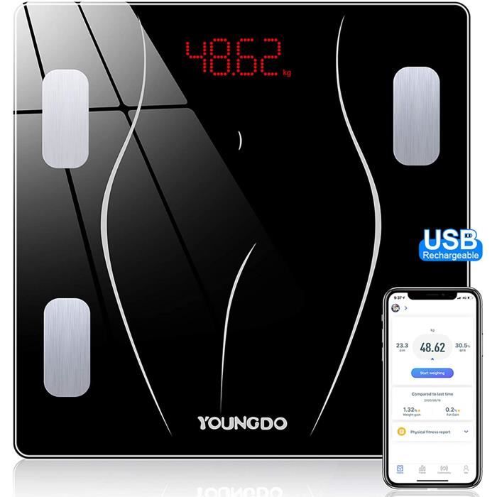 YOUNGDO Pèse Personnes Impédancemètre, Balance Connectée, 30*30cm Grande Taille, 23 Mesures(IMC/Taux de Graisse/Poids Osseux, etc),