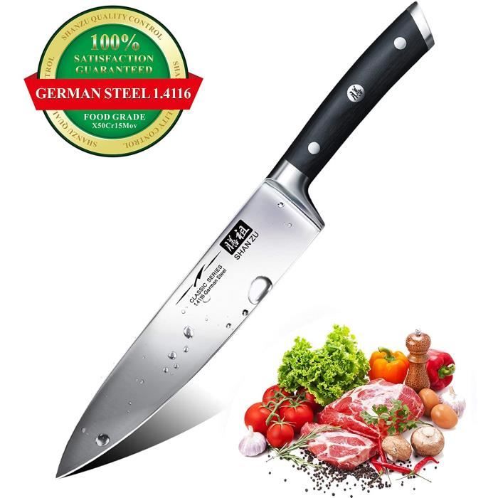 SHAN ZU 20CM Couteau de Cuisine Couteau de Chef Professionnel en Acier Inoxydable Couteau de Chef avec Manche en Bois