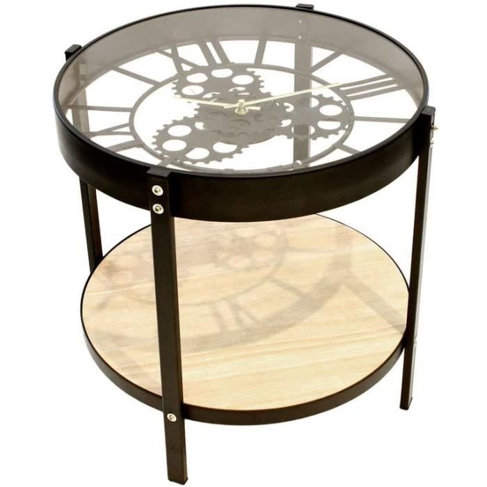 TABLE BASSE SALON Home Deco Factory HD6446 Table Basse d'Appoint Ronde Horloge Noir Beige et Transparent Métal Bois et Ver6