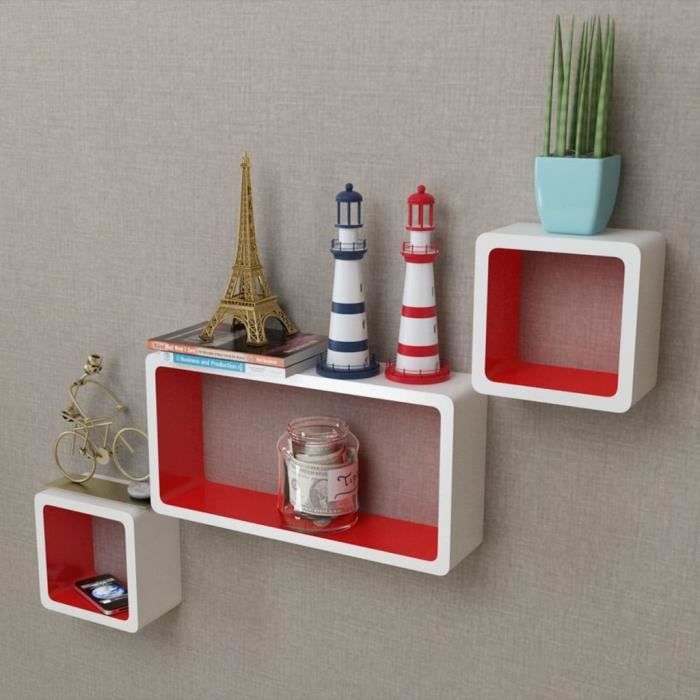 3 Etagères cubes murales et en MDF Blanc-Rouge pour DVD-Livres