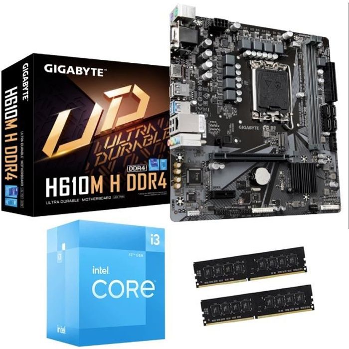 Kit Upgrade évolution PC 12ème Génération - Carte mère Gigabyte + Processeur Intel Core i3 + Barrette RAM 16 Gigas