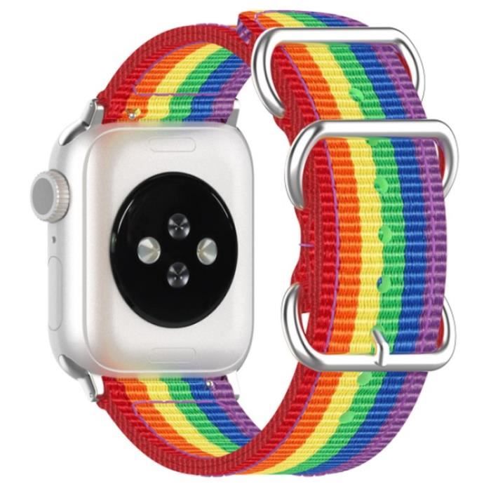 Stripes Trois Boucles Strap Boucle Monture Réglable Pour Apple Watch Series 7 45Mm-6-5-4-Se 44Mm-3-2-1 42Mm - Arc En Ciel