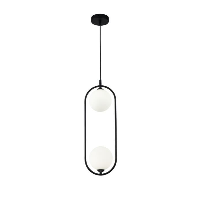 Suspension Design, 2 Lampes, Style Moderne, Art Deco, Armature en Métal couleur Noir, plafonnieres en verre couleur blanc, pour la