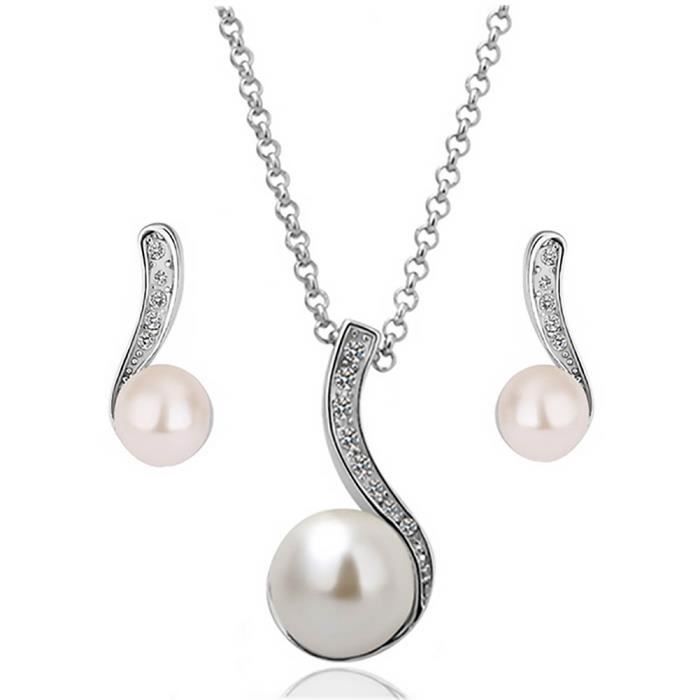 Parure Plaqué platine 750/00 18K carats Bijou fantaisie haut de gamme Femme Blanc Perle wz-P0012