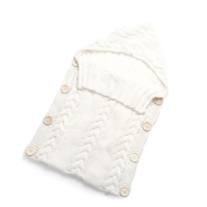 Sac de couchage Nouveau-né Bébé Fibres acryliques Hoodies Swaddle Wrap Sweater avec bouton - Blanc
