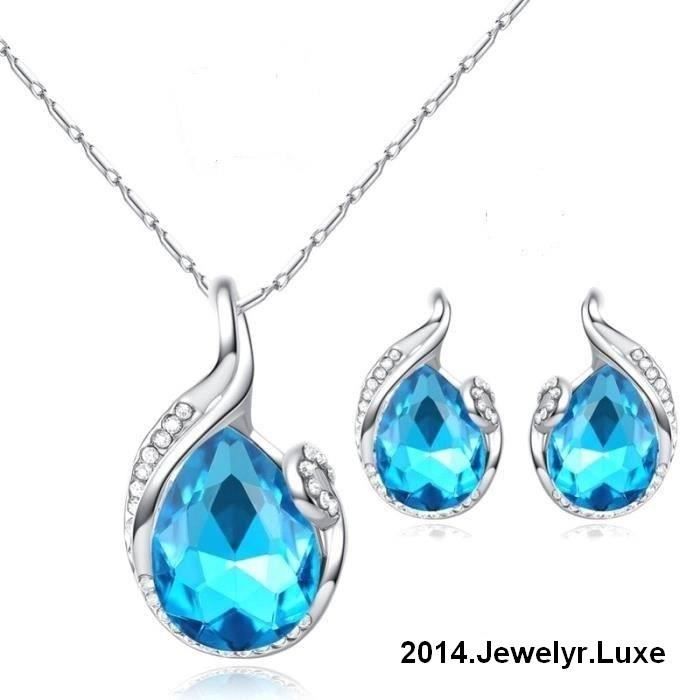 Parure Bijoux Goutte Cristal Swarovski Elements Turquoise Plaqué Or Blanc 750