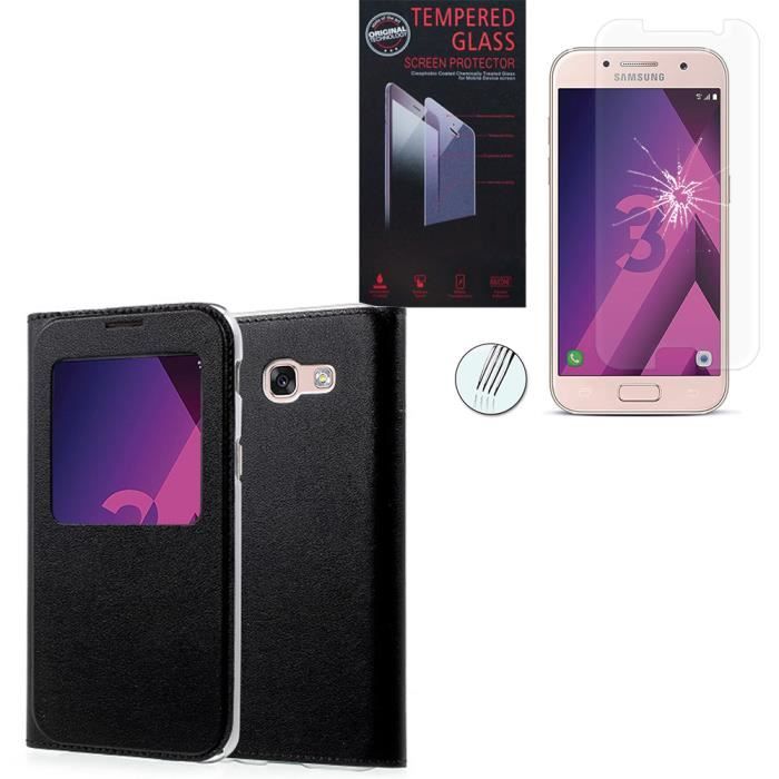 Pour Samsung Galaxy A3 (2017) 4.7- A320F-FL A320Y- A3 (2017) Duos : Housse S-View Case, view cover - NOIR + 1 Film Verre Trempé