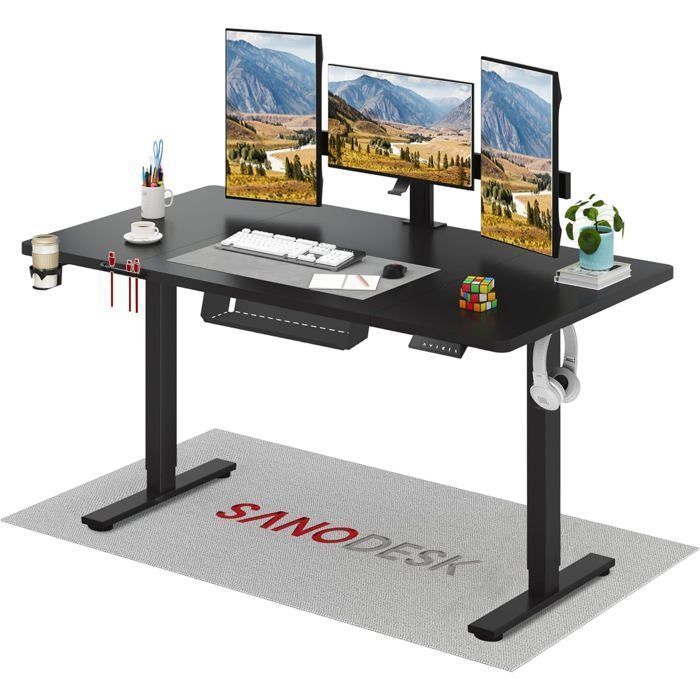 SANODESK Bureau Assis Debout Électrique Bureau Réglable en Hauteur avec Crochet et Fonction Mémoire Plateau Noir 140x60cm