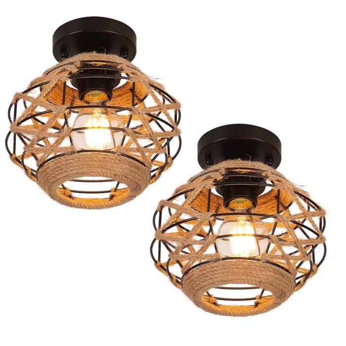 SNOGOLD Lot de 2 Plafonnier Industriel en Métal et Corde de Chanvre Ø20cm E27 Luminaire Vintage pour Salon Chambre Balcon - Snogold