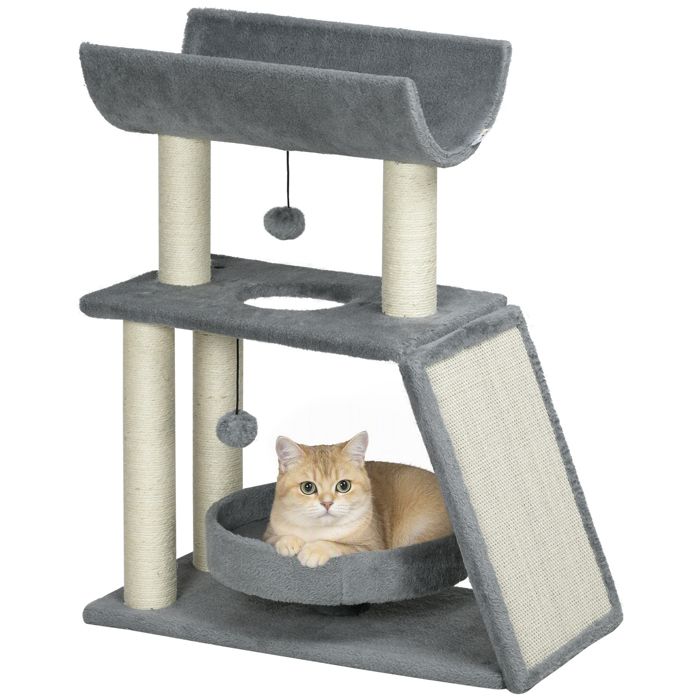 Arbre à Chat 90 Cm Avec Griffoirs, Niche Et Plateformes - Tour De Jeux Pour 1-2 Chats - Tissu Peluche Gris Clair